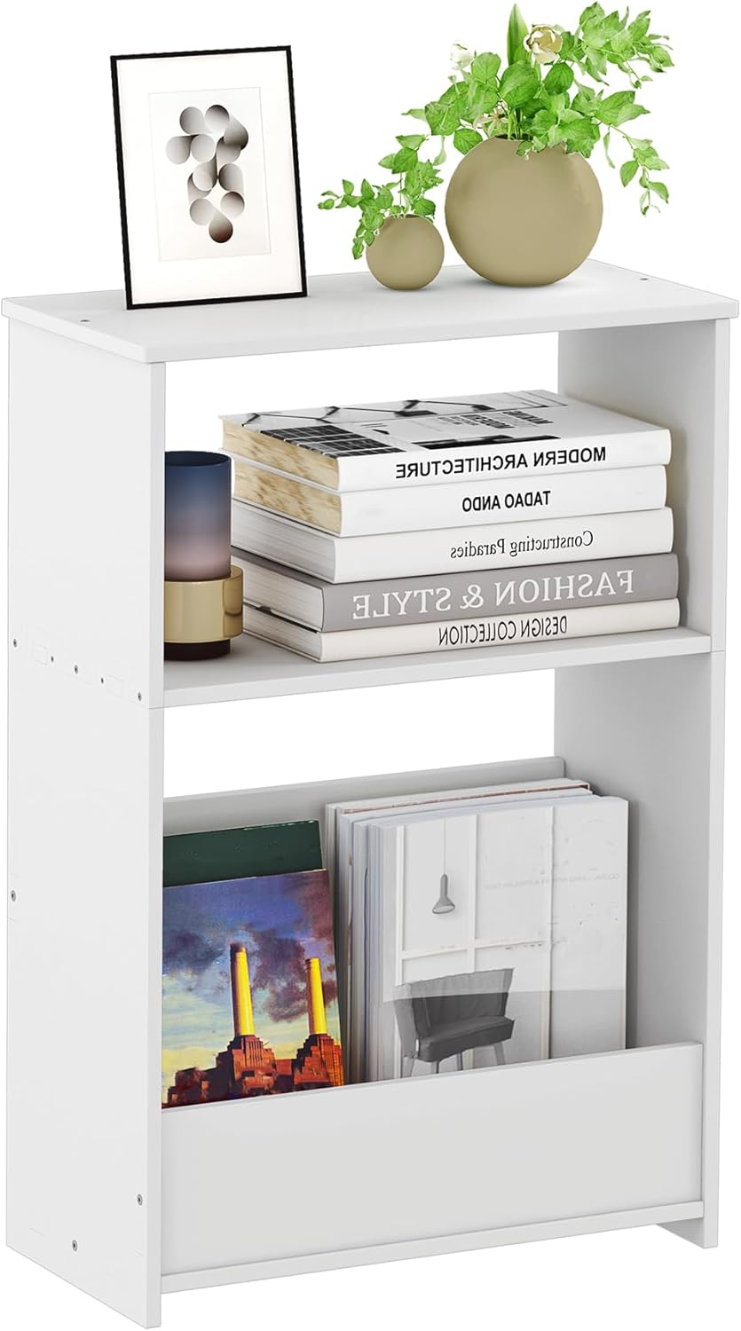 3-Tier Narrow End Table, Small Stand Shelf Narrow White Side Table with Storage Shelf, Small Bookshelf Bedside Table for Bedroom, Living Room, Office, Bathroom