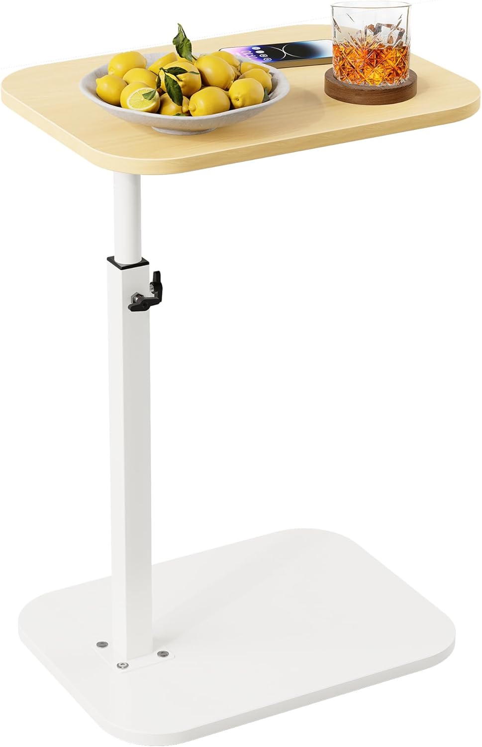 C Shaped End Table for Couch, Adjustable Height Couch Side Table, Horizontal 360°Swivel Small TV Tray Table Couch Side Tables That Slide Under (Wood)