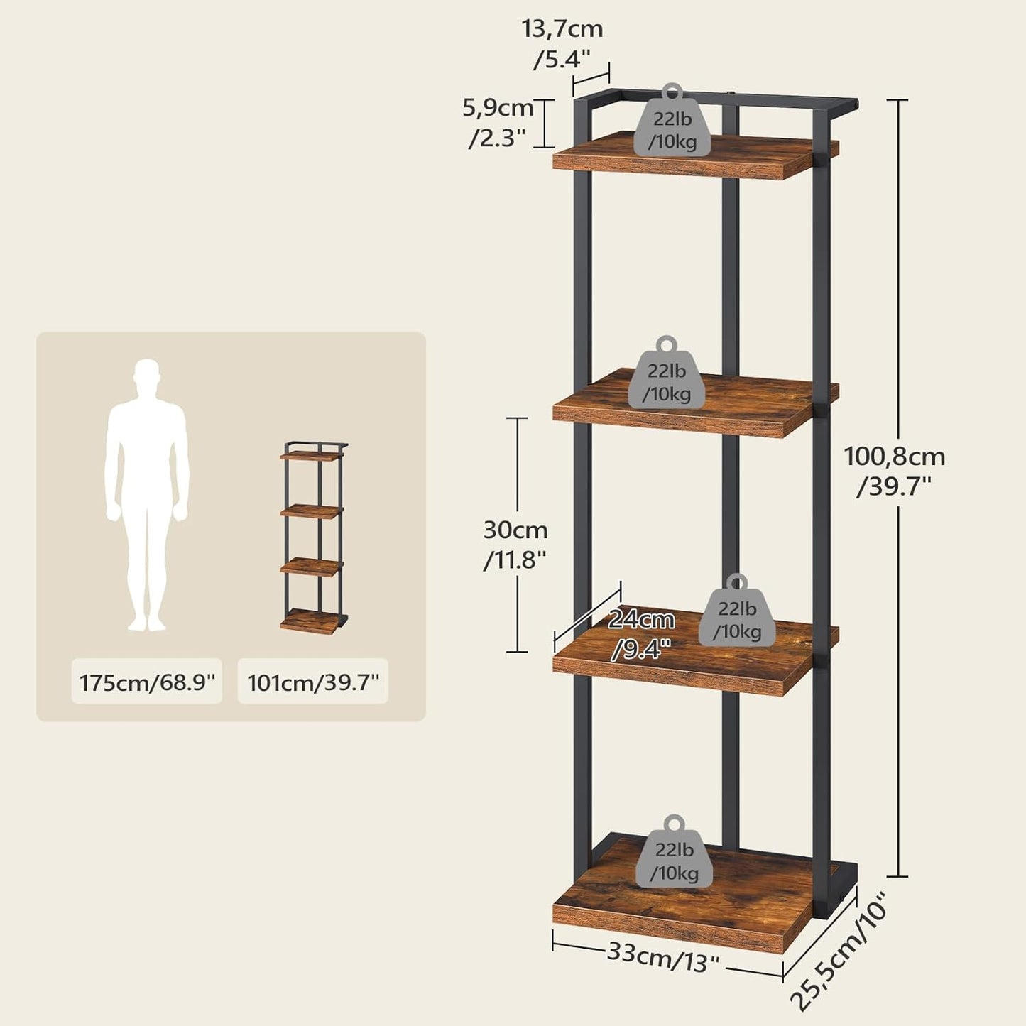 Bookshelf, 4-Tier Bookcase, Vertical Tall Narrow Book Shelf for Small Space, Open Storage Display Shelf with Stable Base & Anti-Tip Kits, for Living Room, Study, Rustic Brown BKHR11401