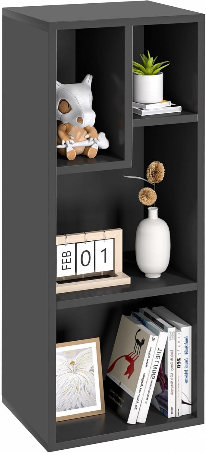 VECELO Small Bookshelf, 4 Cube Slim Bookcase, Fits Tallest Hardcovers, Horizontal Available, Modern Floor Standing Unit, Each Shelf Hold Up to 66 LBS, Matte Black