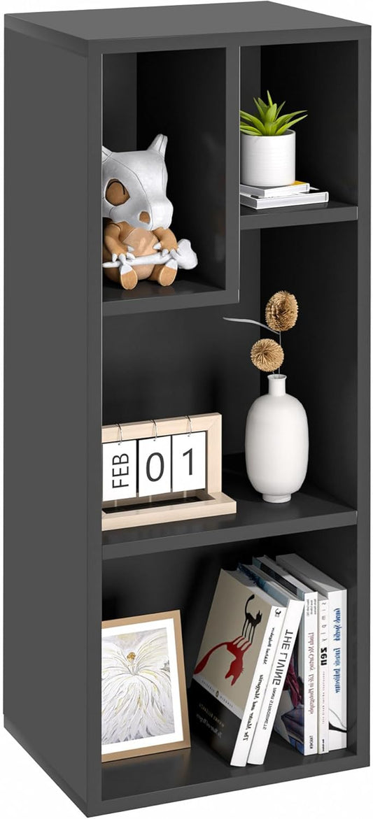 VECELO Small Bookshelf, 4 Cube Slim Bookcase, Fits Tallest Hardcovers, Horizontal Available, Modern Floor Standing Unit, Each Shelf Hold Up to 66 LBS, Matte Black