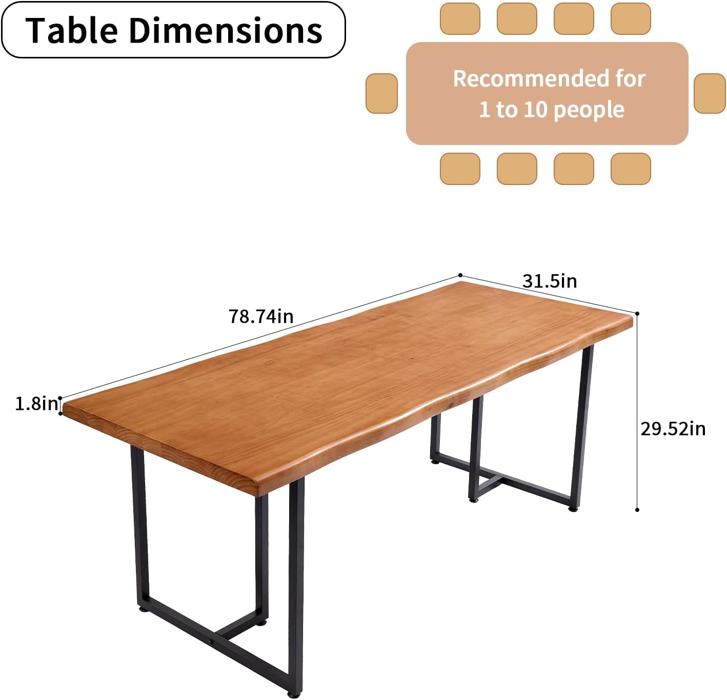 Solid Wood Administrative Desk, Dining Table with Durable Metal Legs, Uniquely Designed Leisure Table, Perfect for Restaurants and Home Offices, (Wood Brown, 78.74in)