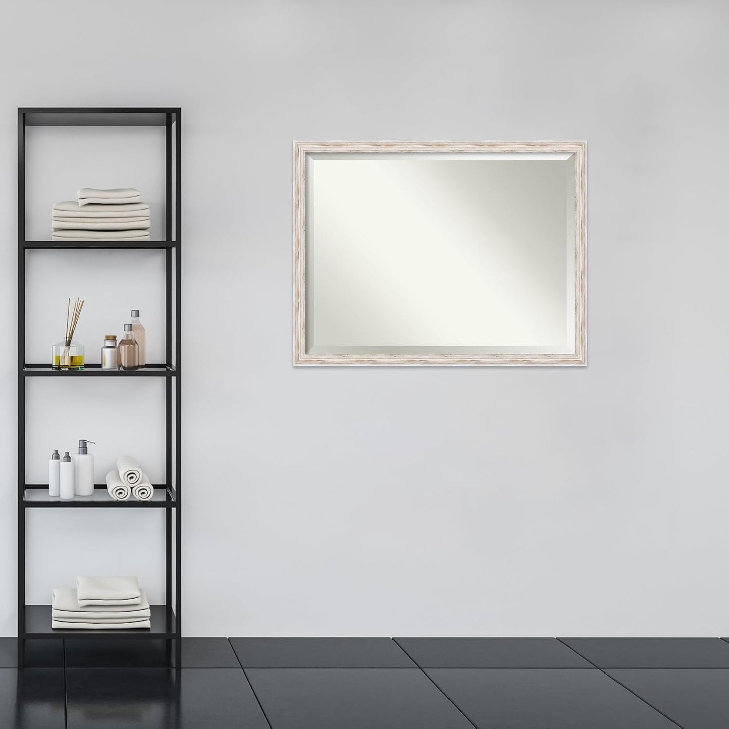 Amanti Art White Bathroom Mirror for Over Sink, 33x43 Alexandria White Wash Narrow Rectangle Vanity Mirror, X-Large Cottage Wood Frame, Hangs Horizonally and Vertically, Bathroom Wall Decor, Beveled