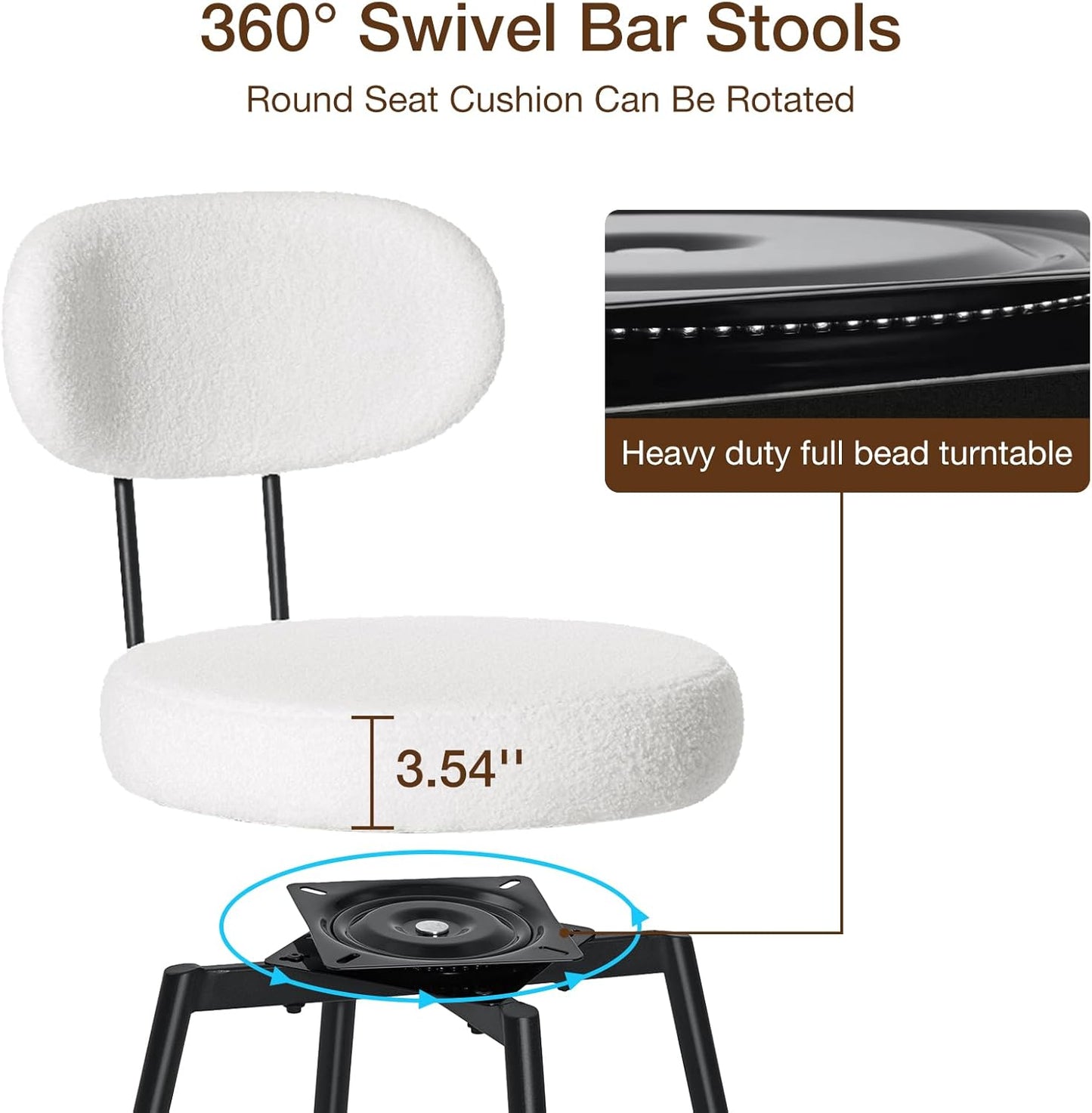 HOMMPA Swivel Bar Stools Set of 3 Counter Height Bar Stools Chiars 26'' Boucle Upholstered Modern Counter Barstools with Back Metal Legs Bar Chairs for Kitchen Counter Island White