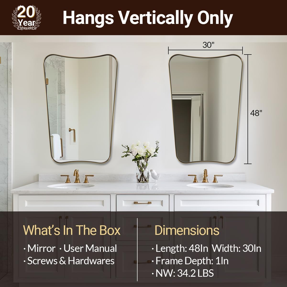 ANDY STAR 30x48 Inch Brushed Gold Mirror, Large Asymmetrical Wall Mirror, Antique Gold Mirror in Anti-Rust Stainless Steel Frame, Unique Designed Frame Ideal for Home Remodel