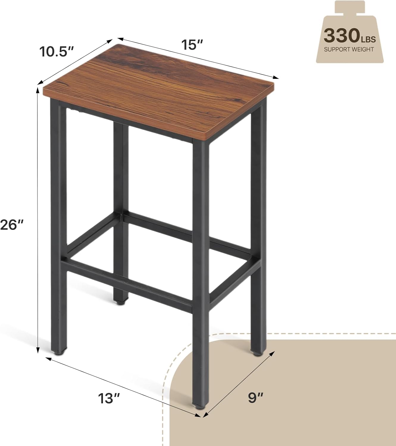 Athena Collection Bar Stools Set of 2, 26 Inches Counter Height Bar Stools Backless with Metal Legs and Footrest, Wood Barstools for Home, Kitchen Island, Counter, Brown