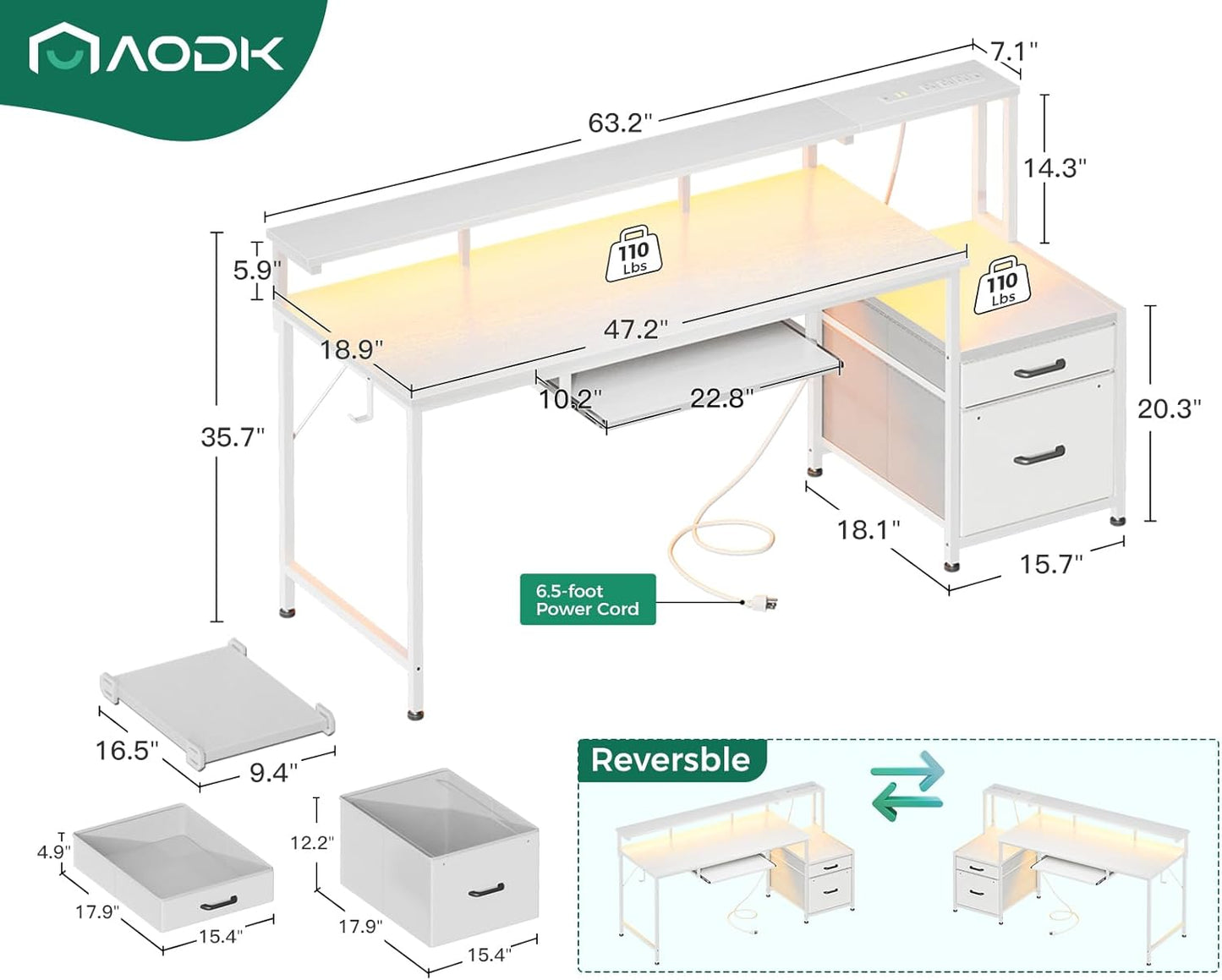 AODK Computer Desk with Drawers and Keyboard Tray, 63" Office Desk with Power Outlet and LED Lights, Reversible Study Work Desk with Printer Shelf and PC Stand for Home Office, White