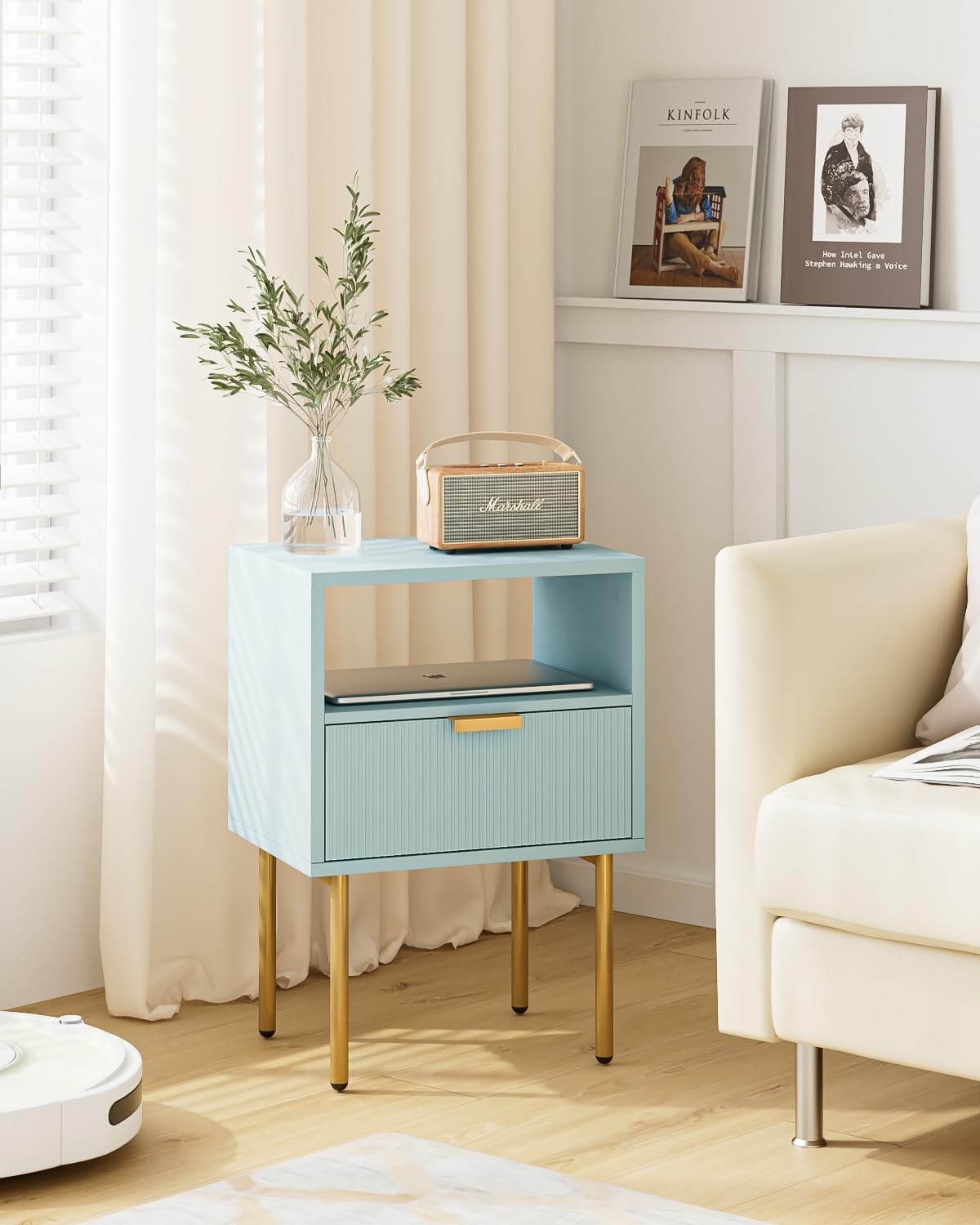 Nightstand,Morden Bedside Table with Gold Frame,Small White Night Stand,End Table,Bedside Furniture,Side Table with Drawer and Shelf for Bedroom,Living Room (1Drawer, Blue)