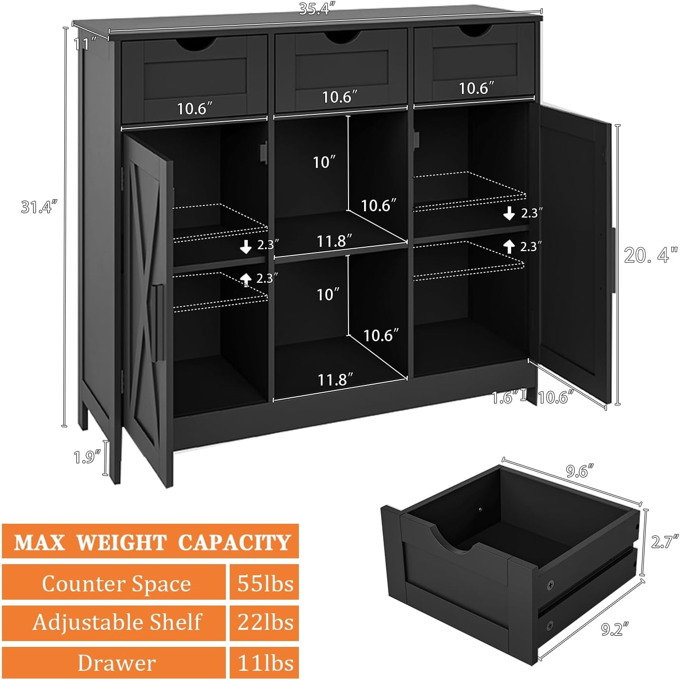 Storage Cabinet, Coffee Bar Cabinet with 2 Adjustable Shelves, 3 Drawers, and 2 Doors, for Bathroom, Kitchen, Living Room (Black)
