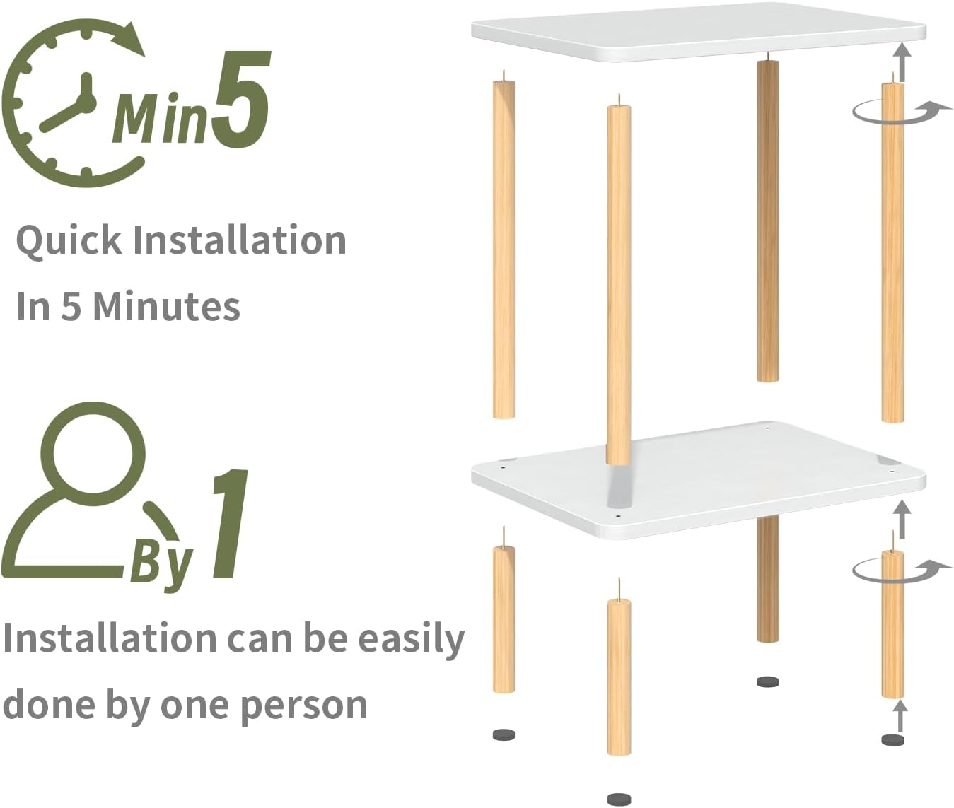 Apicizon 2 Tier End Table, Small Side Table with Solid Wood Legs, Boho Bedside Table with Storage Shelf, Nightstand for Small Spaces, Bedroom, Living Room, Entryway, Easy Assembly, White+Natural