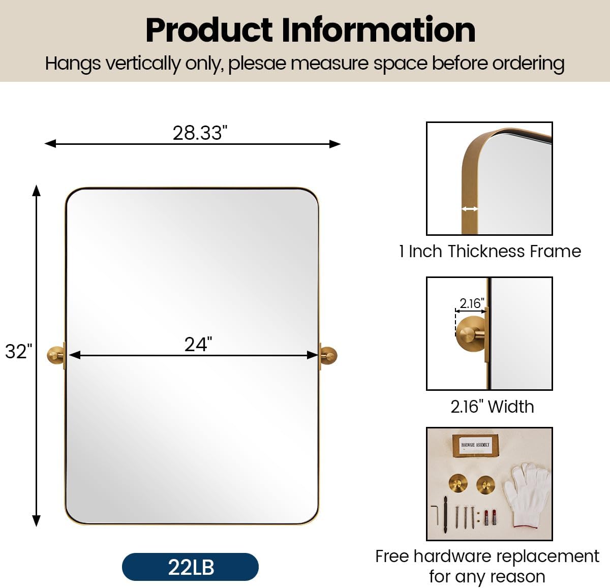 MOON MIRROR Brushed Gold Pivot Mirror,Brass Tilt Rectangle Pivot for Bathroom, Overall 28.33 x 32 in (Mirror 24x 32 in)
