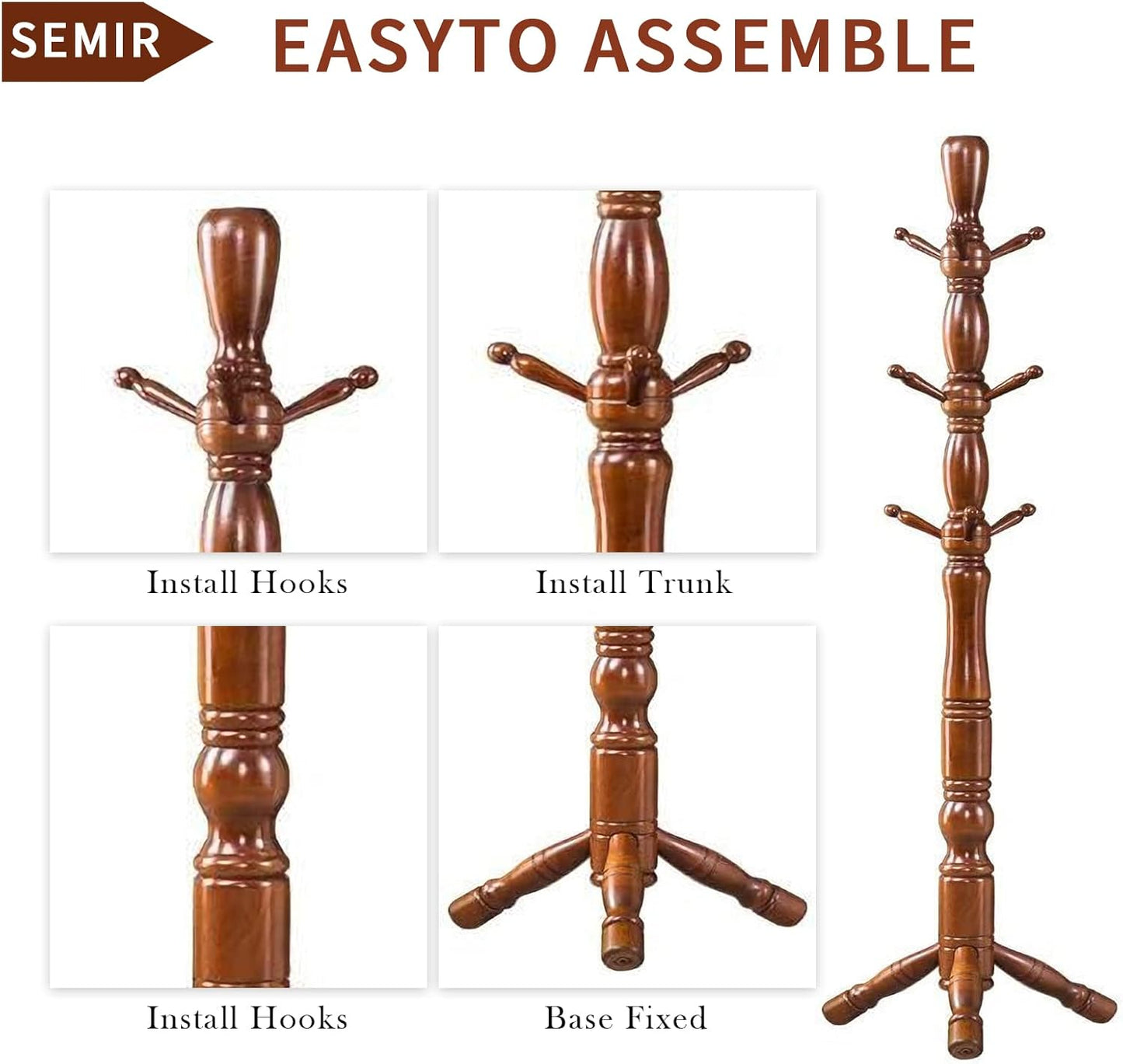 Wood Coat Rack Hall Tree, Stable Triangle Base Coat Tree with 3 Height Options and 9 Hooks, Vintage Coat Rack Freestanding for Hall Entryway, Bedroom and Home Office (Walnut)