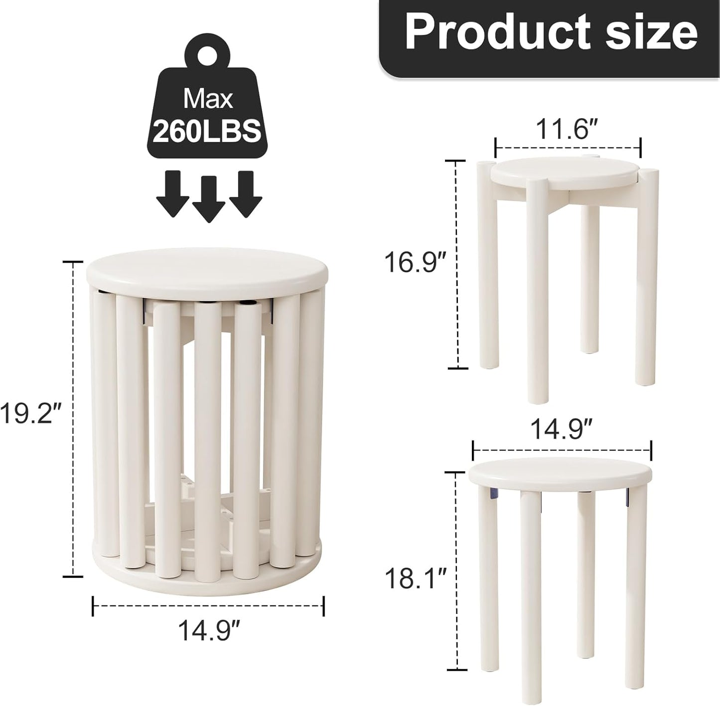 Stackable Stools Set of 4, Wood Stool 18 Inch Stool Stackable Side Tables Nesting Table Sturdy and Durable, No Installation Required for End Table,Top Stackable Round Stools(White Barstool)