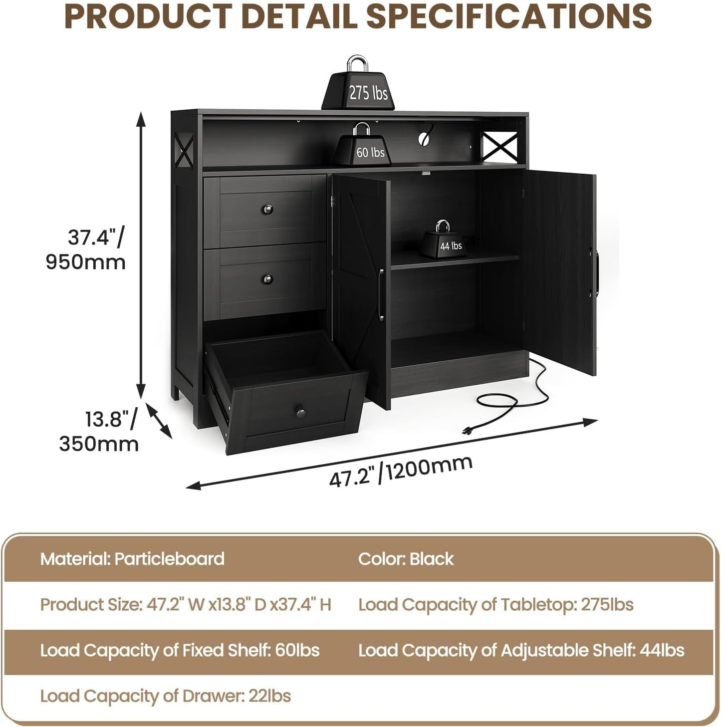 47" Farmhouse Sideboard Buffet Cabinet with Storage & Built-in Power Outlet,Coffee Bar Table Kitchen Buffet Cabinet with 3 Drawers and Barn Doors, Adjustable Shelves for Living Room Dining Room Black