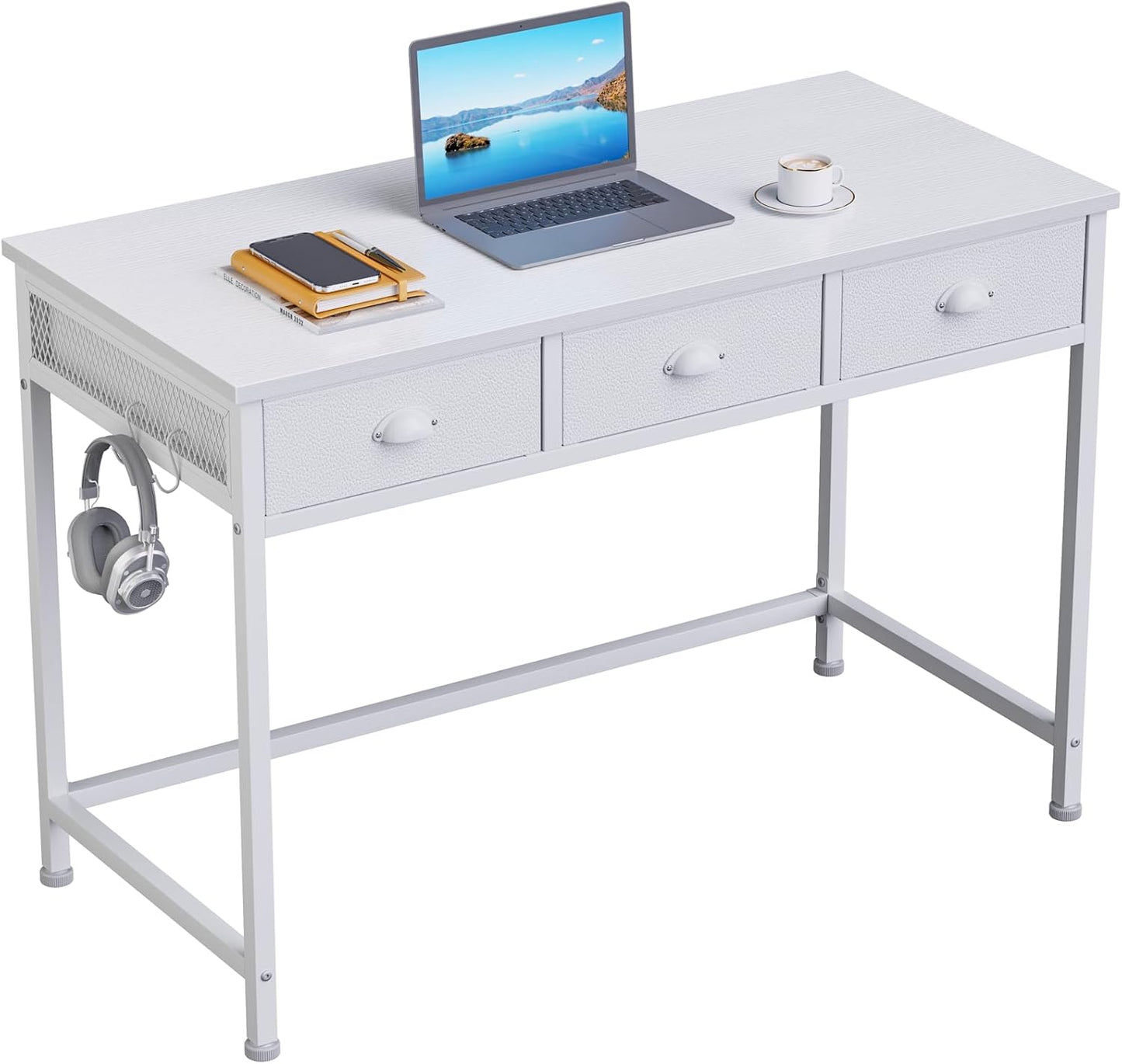 Furologee White Small Computer Desk with 3 Fabric Drawers,40 Inch Simple Table Home Office Writing,Vanity Desk with Hooks, Study Desk for Bedroom Small Spaces