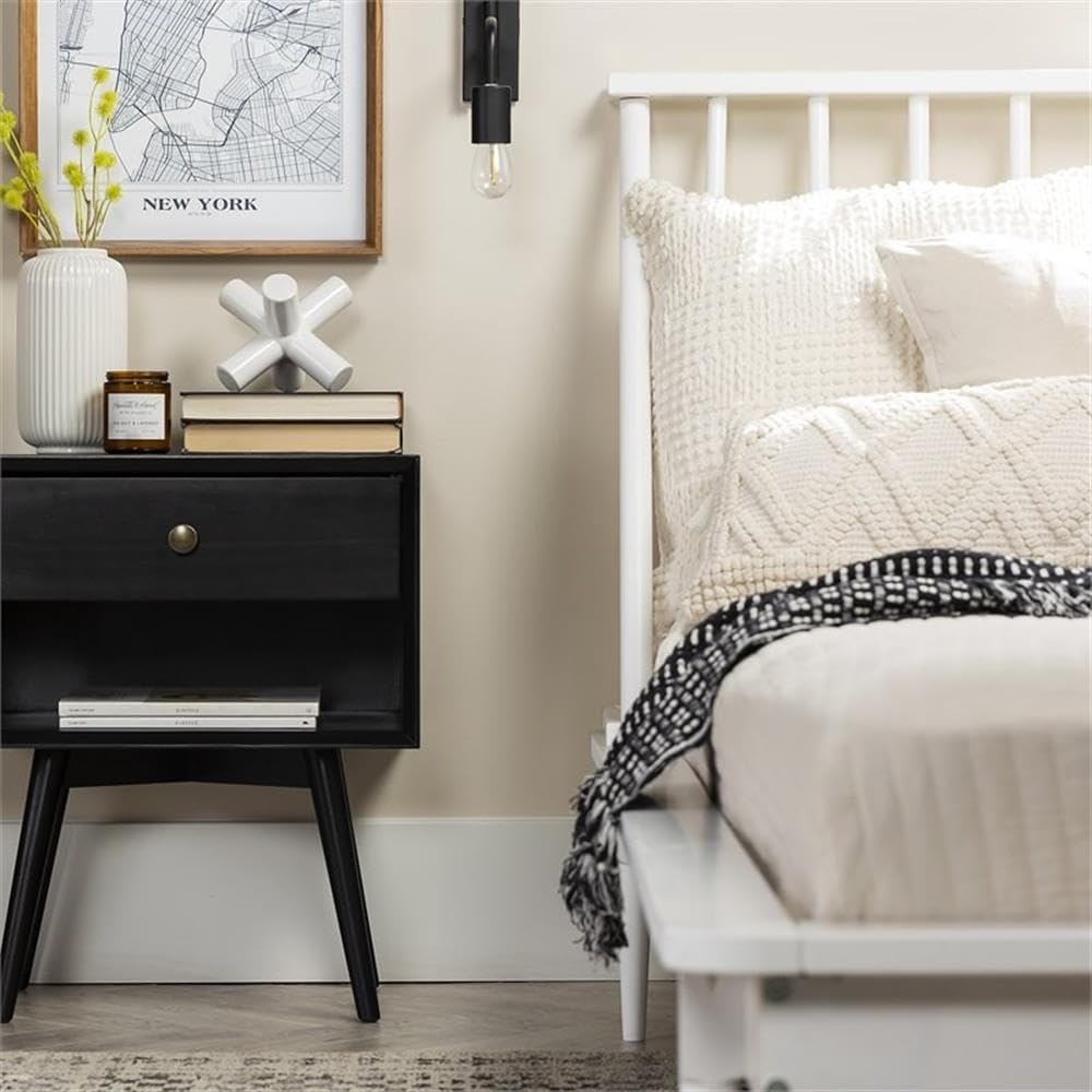 Walker Edison Ella Mid Century Modern 1 Drawer Solid Wood Nightstand, 1 Pack, Black