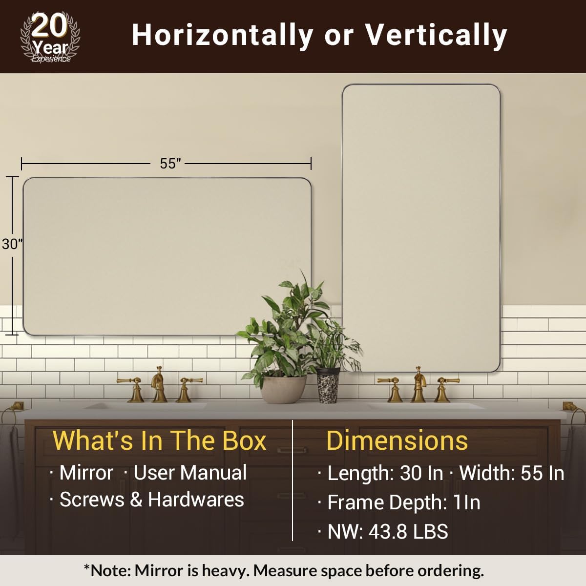 ANDY STAR Chrome Bathroom Mirrors for Over Sink, 30x55 Inch Polished Silver Mirror for Wall, Rectangular Metal Framed Vanity Mirror -Modern Clean Design with Superior Stainless Steel Frame