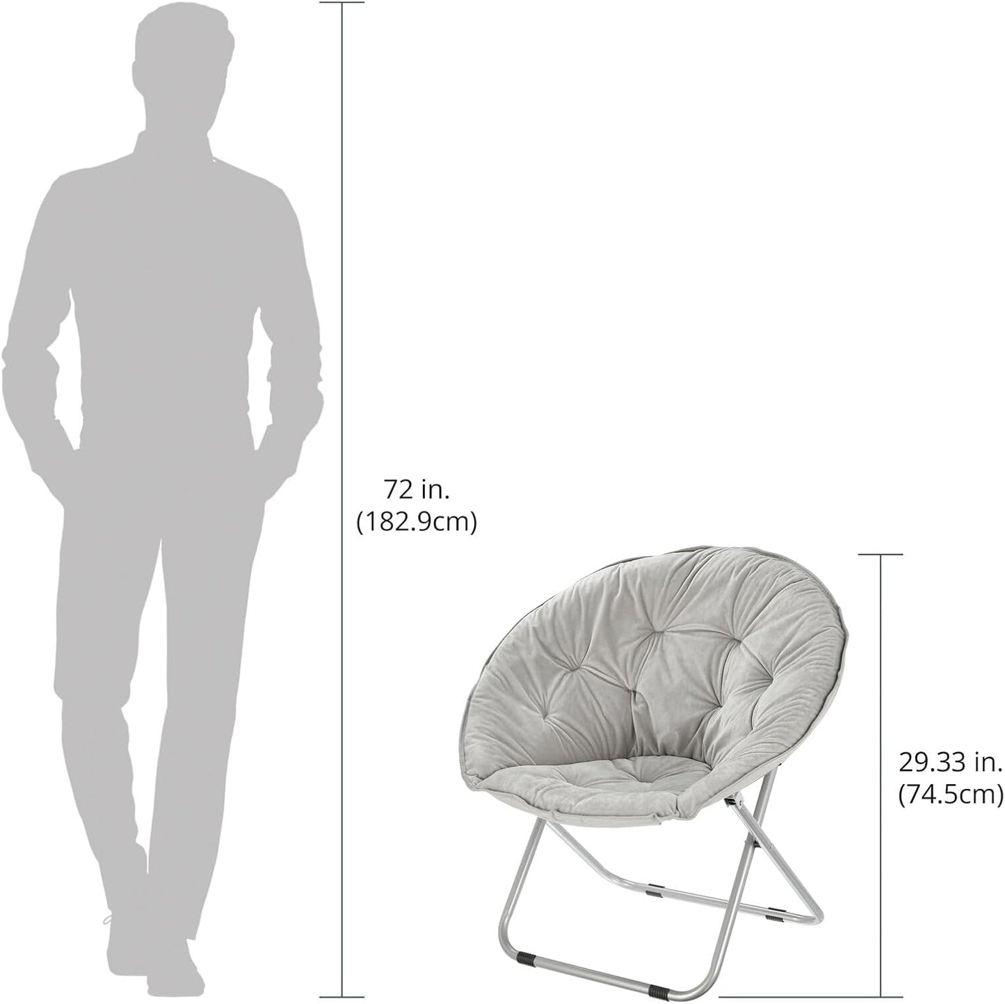 mDesign Urban Papasan Folding Moon Chair - Large Saucer UFO Chair with Collapsible Metal Frame - Fuzzy Foldable Dish Seat for Home Office, Living Room, Dorm Room, and Bedroom - Gray/Silver