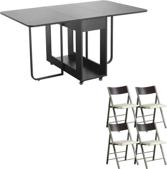 Folding table and chair set, dining table with extra large storage space and 4 universal wheels, matched with padded steel frame folding chairs, space-saving dining table and 4 chairs (White)