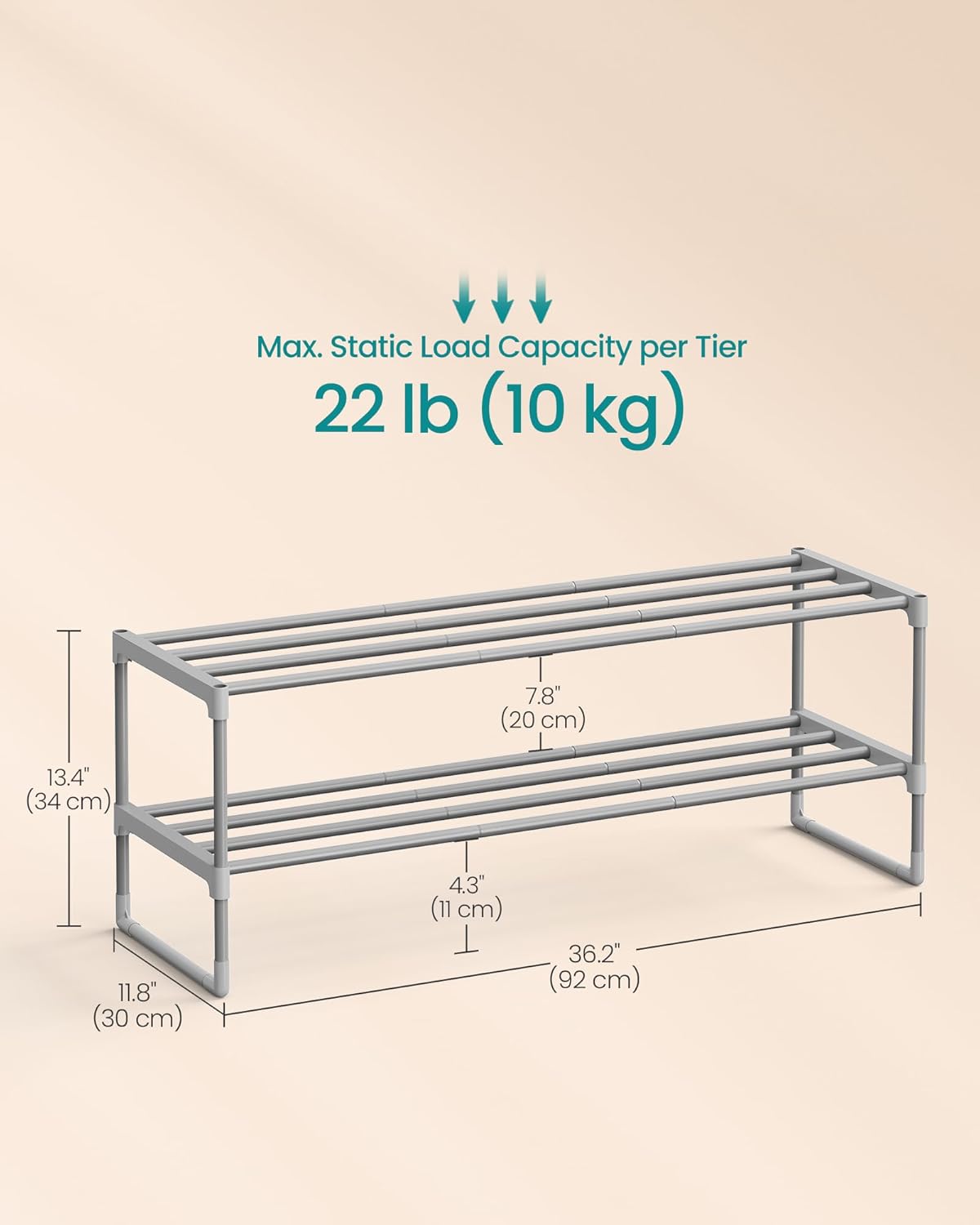SONGMICS Shoe Rack, 2-Tier Shoe Organizer, Metal Storage Shelf, Upright or Upside Down, for 12-15 Pairs, Stackable, for Entryway, 11.8 x 36.2 x 13.4 Inches, Gray ULSA012G01
