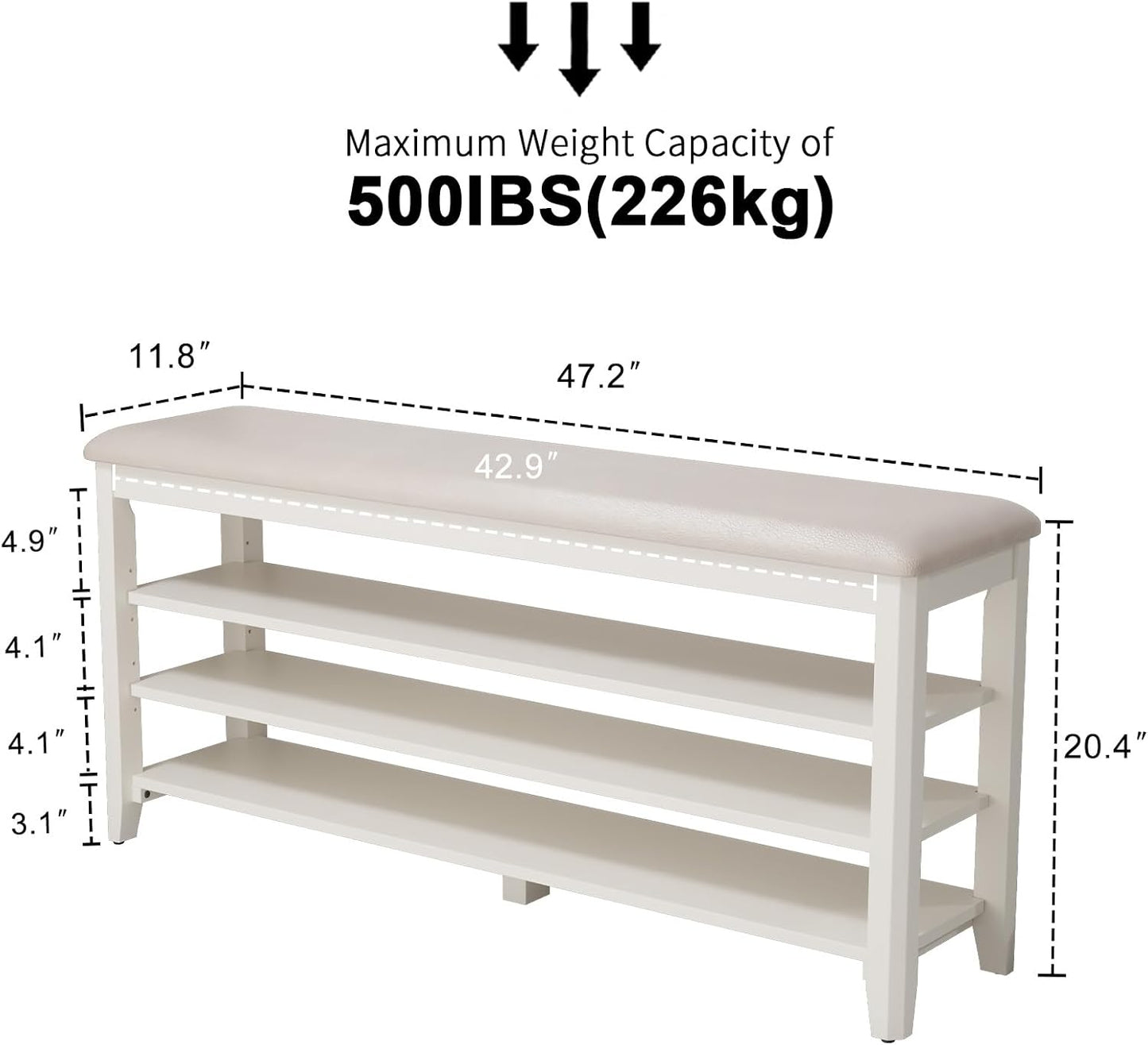 Shoe Bench with Leather Cushion, 3 Tiers Shoe Storage Bench Height Adjustable, Walnut Wood Entryway Bench for Hallway, Mudroom