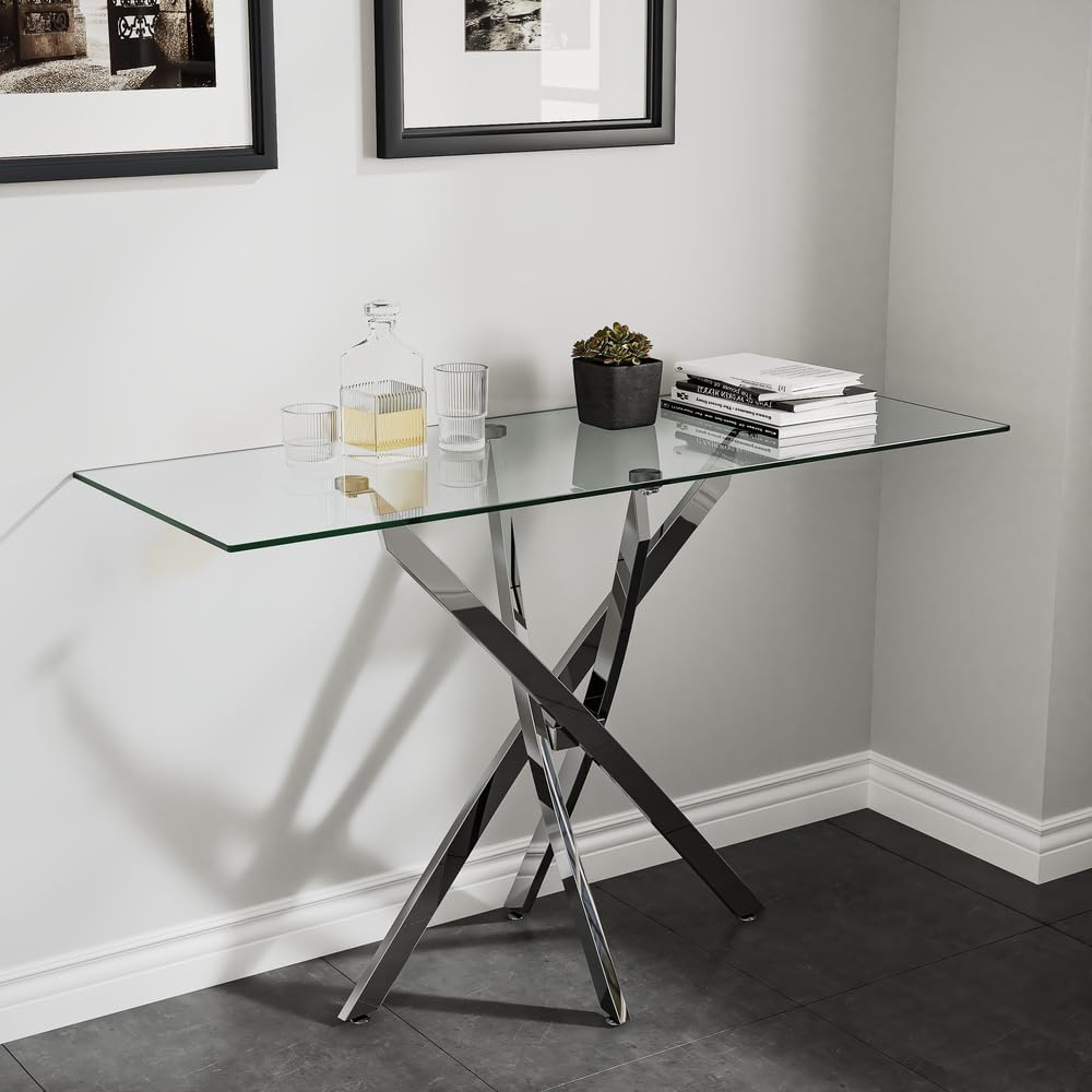 Tempered Glass Console Table with Chromed Legs, Modern Narrow Sofa Table for Hallway Entryway (Sliver, 47"x18"x30")