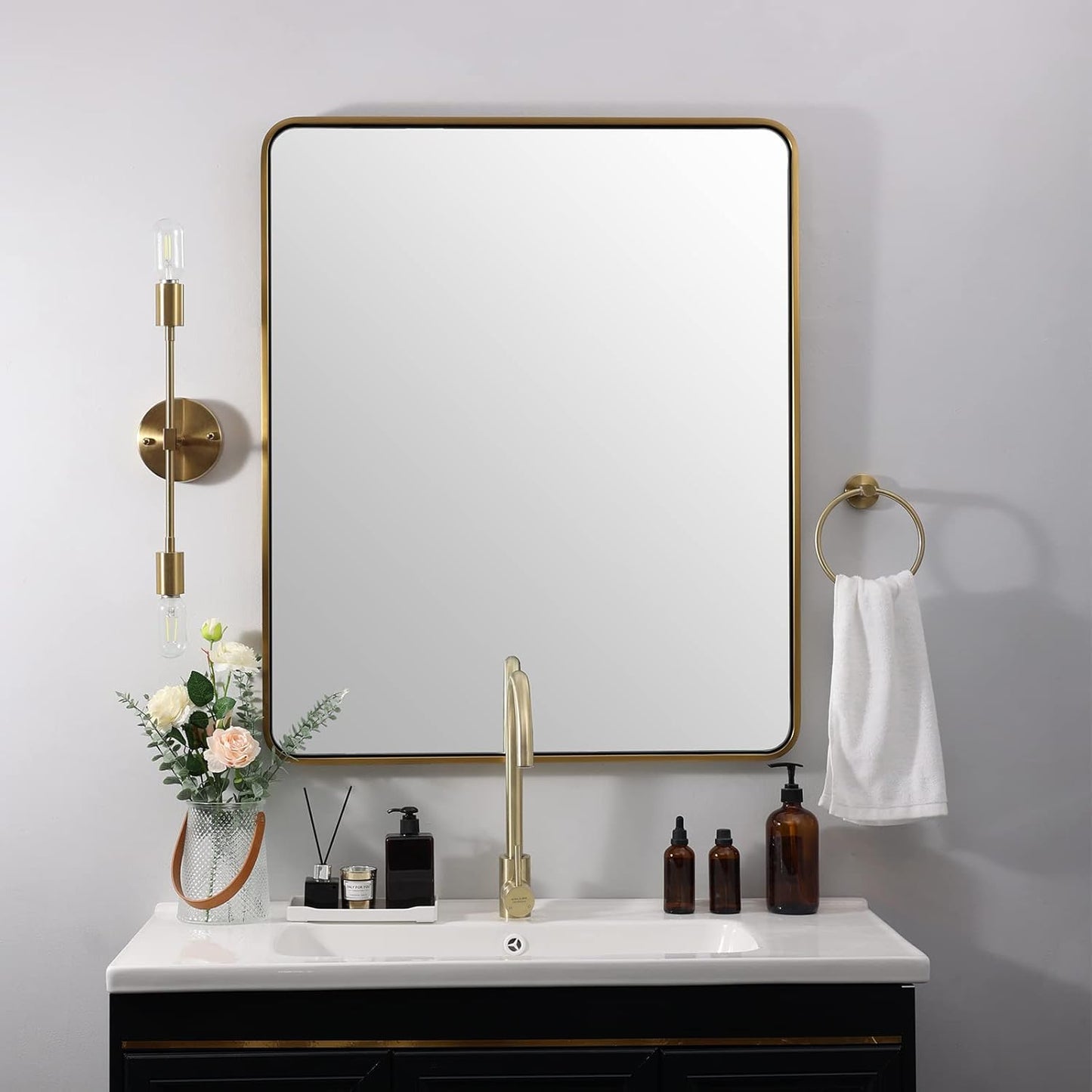 ANDY STAR Gold Bathroom Mirror for Wall, 30x36’’ Brushed Gold Rounded Rectangle Mirror for Vanity in SUS304-Anti-Rust, Wall-Mounted Horizontal/Vertical 1’’ Deep