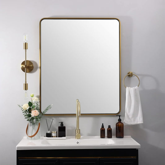 ANDY STAR Gold Bathroom Mirror for Wall, 30x36’’ Brushed Gold Rounded Rectangle Mirror for Vanity in SUS304-Anti-Rust, Wall-Mounted Horizontal/Vertical 1’’ Deep