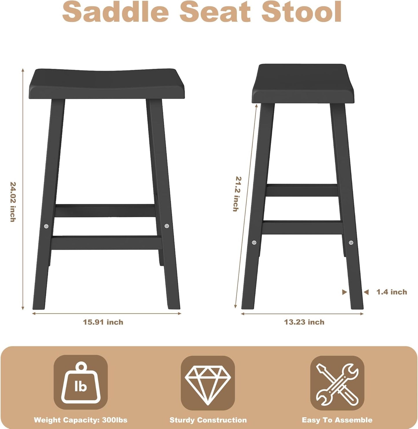 Bar Stools Set of 4, Waterproof UV-Resistant,Durable Resin Kitchen Island Chairs for Indoor & Outdoor Use, Modern Design for Home,Bar,and Cafe (24'' Black-4)