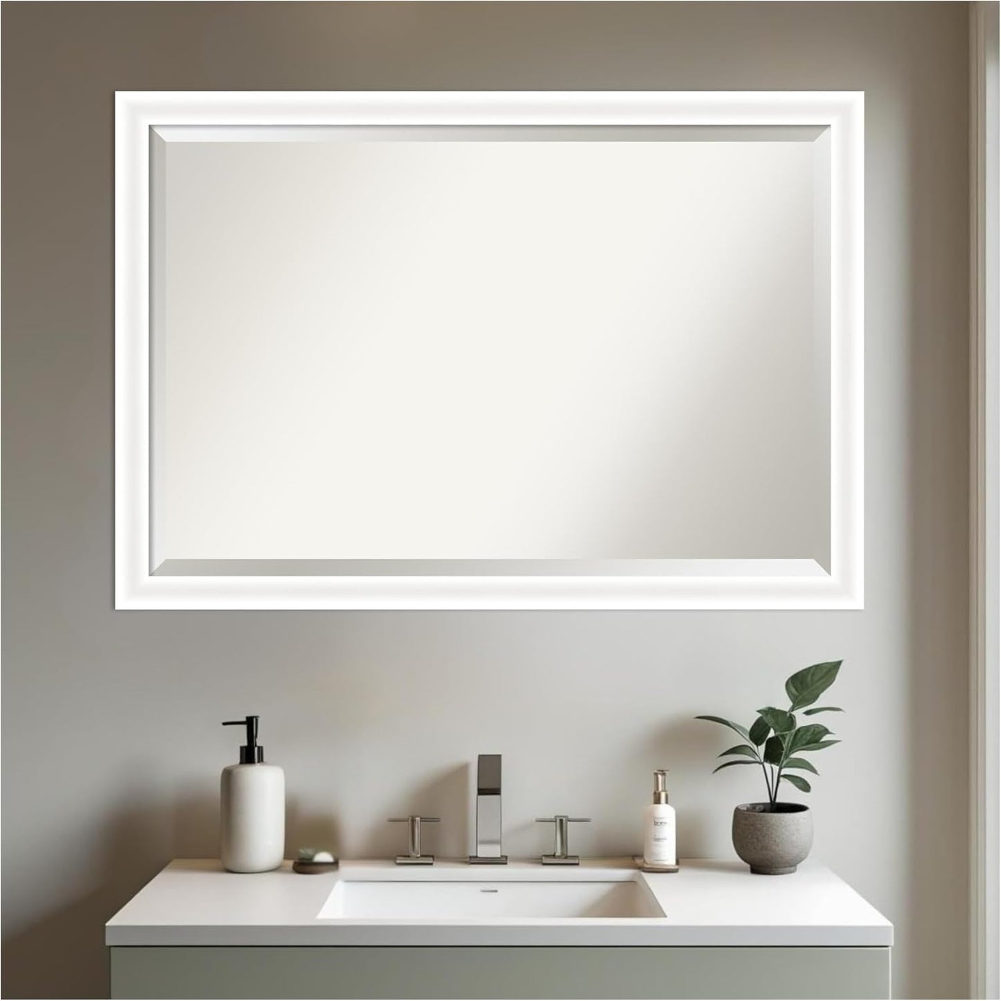 Amanti Art White Bathroom Mirror for Over Sink, 27x39 Oliver White Narrow Rectangle Vanity Mirror, Large Modern Wood Frame, Hangs Horizonally and Vertically, Bathroom Wall Decor, Beveled Edge