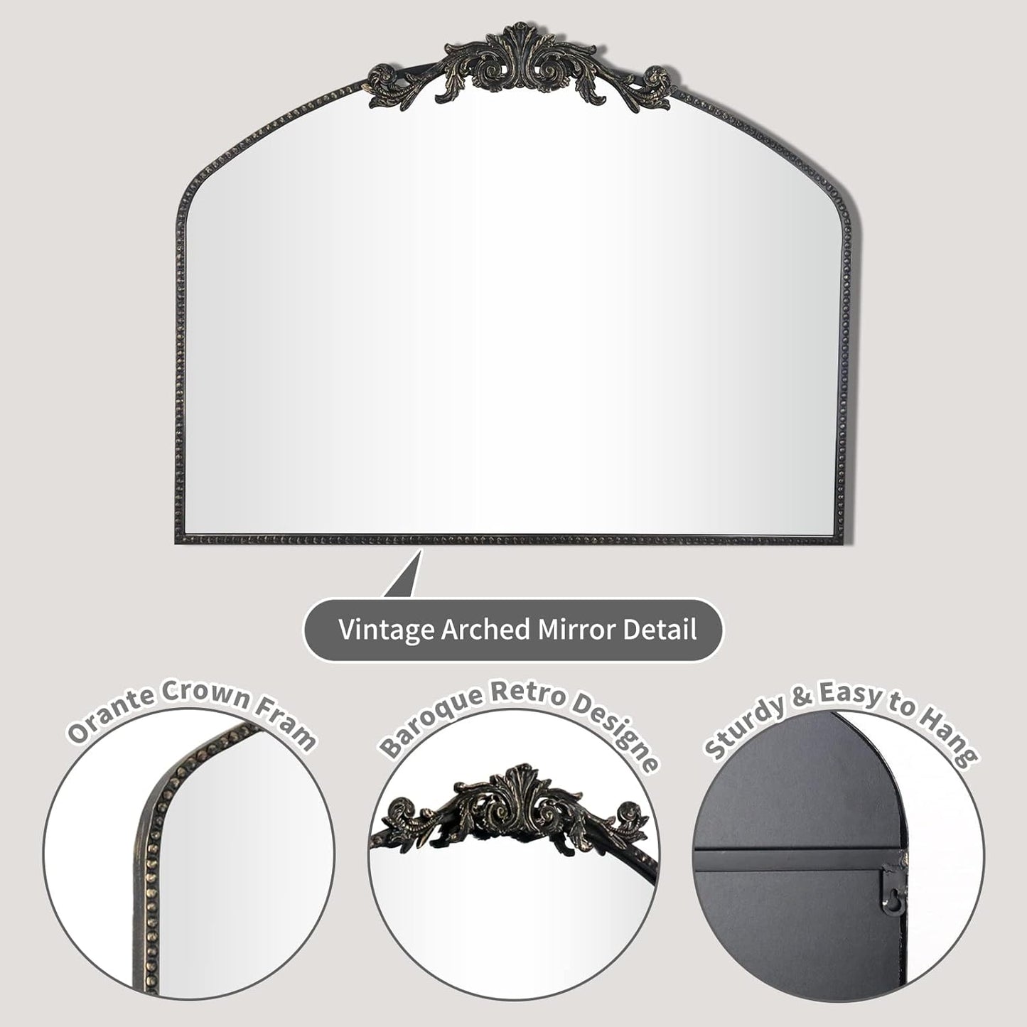 AIXI HOME Vintage Black Arched Mirror 40"X31", Antique Baroque Mantel Wall Mirror with Black Brush Gold Metal Ornate Frame for Entryway/Fireplace/Living Room/Hallway/Bathroom/Bedroom