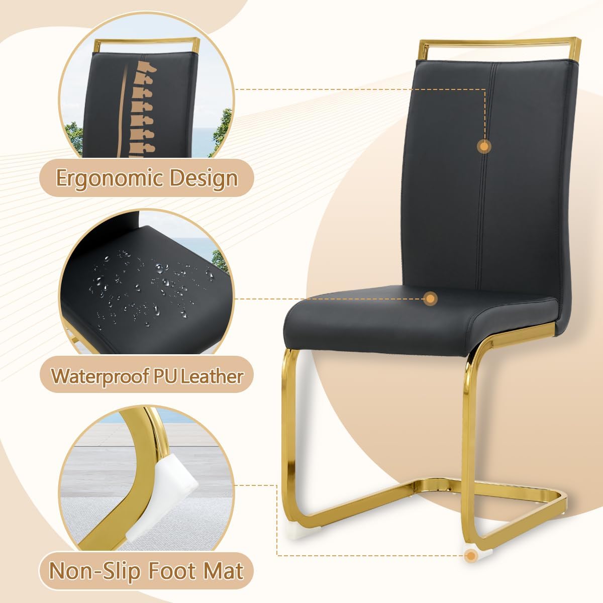 Dining Chairs Set of 8, Faux Leather with Plated Chrome Metal Frame, Modern Kitchen Chairs with Padded Seat High Back for Dining Room, Kitchen, Living Room