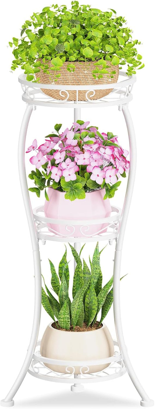 KMOTASUO 3 Tier Tall Metal Plant Stand, 34 Inch Plant Stands Indoor Outdoor, Rustproof Wrought Iron Flower Pot Holder Display Rack for Corner Patio Garden Balcony Living Room(White)