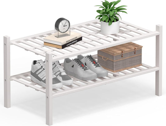 Haddockway Large 2 Tier Bamboo Shoe Rack Storage Organizer, Multifunctional Free Standing Stackable Shoe Shelf with Grid Panel for Closet,Hallway,Entryway,Small Space 27"x12"x14"(White, 2-Tier(Large))