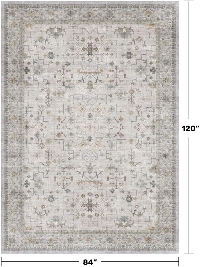 Boho Light Grey Living Room Rug 7x10 - Modern Vintage Eclectic Floral Pastel Neutral Taupe, Washable Low Pile Non-Slip Large Area Rugs for Dining Under Table Bedroom Lounge