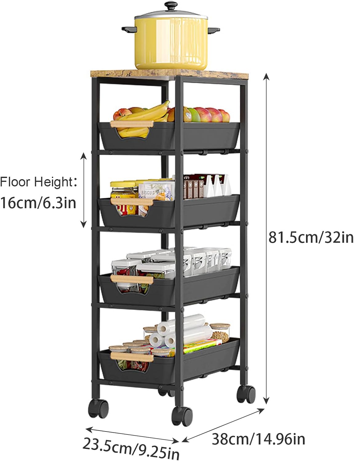 Aupekro 5-Tier Rolling Storage Cart with Wooden Top, Narrow Metal Kitchen Storage Cart, Versatile Mobile Shelving Unit Trolley, Pantry Utility Cart with Pull-Out Drawer (Black)