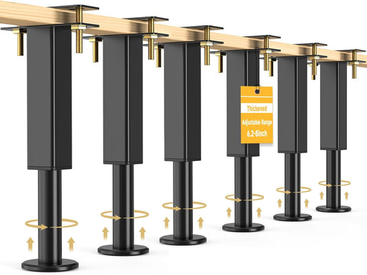 6PCS Adjustable Height Bed Support Legs, 6.2-8 Inch, Metal Heavy Furniture Legs with Rubber Non-Slip Base for Sofa/Cabinet/Couch/Dresser/Table, Furniture Feet Replacement for King Queen Bed Frame Slat