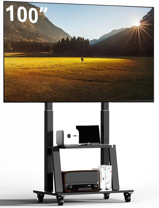 Mobile TV Cart Rolling TV Stand for 42 to 55 65 70 75 85 86 90 100 inch Television Heavy Duty Portable TV Stand on Wheels, Height Adjustment, Holds Up to 180 LBS, Vesa 200×200-900×600mm