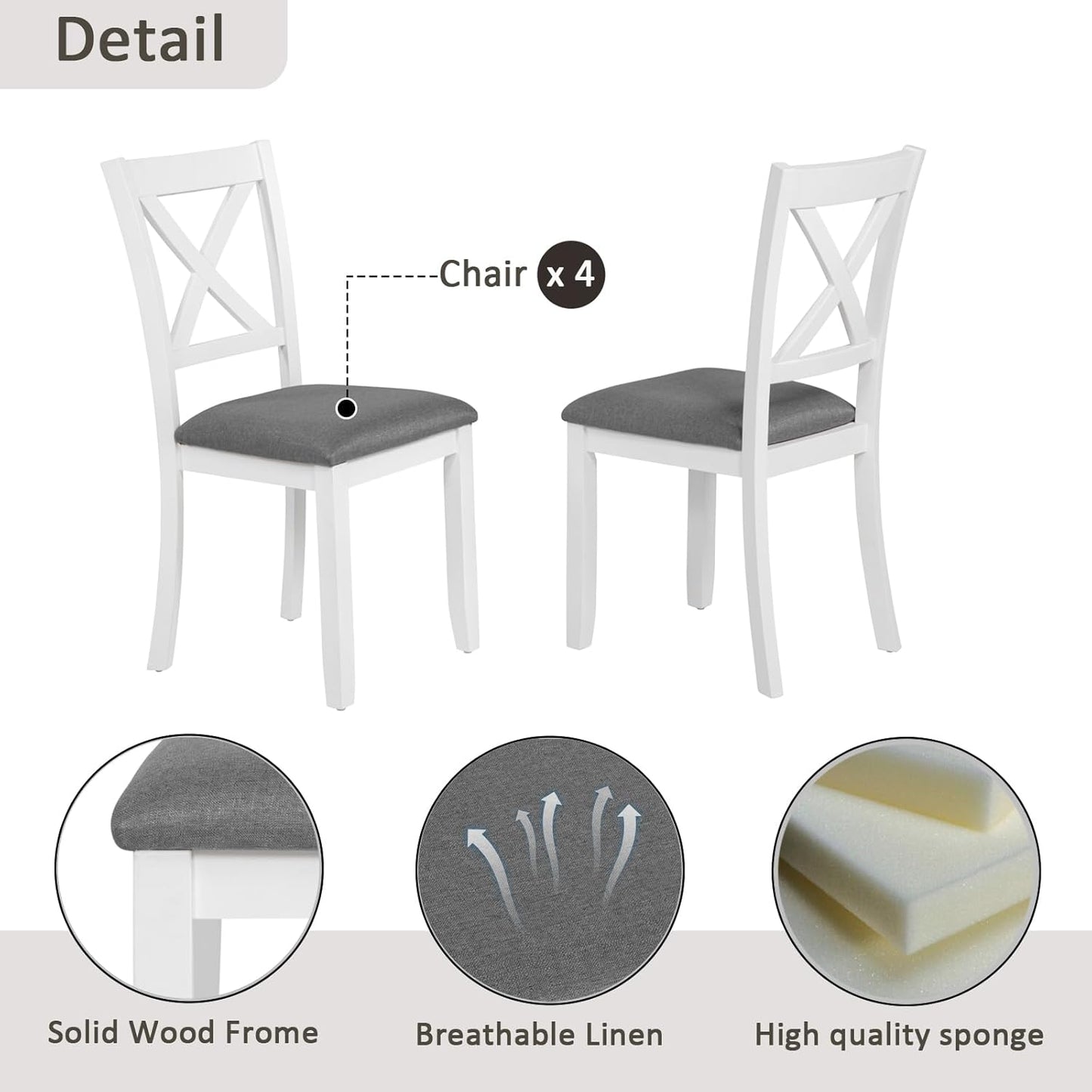 Ball & Cast 5 Piece Dining Table Set with 4 X-Back Chairs,Wooden Living Room Furniture W/ 34.5" Square Kitchen Desk,Easy Assemble & Clean,for Small Space,Apartment,Dining Room,White+Gray