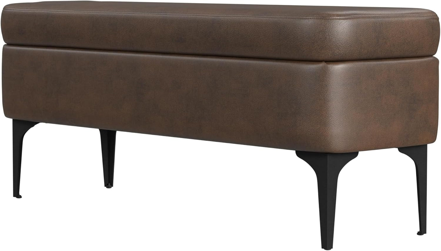HomePop Upholstered Storage Bench with Metal Leg Home Décor|Bench with Storage for Living Room & Entryway - Brown Faux Leather