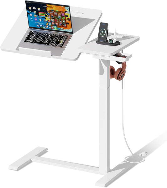 Standing Desk, Medical Overbed Table with Rolling Tray and Power Outlet, Dual Pneumatic Angle and Height Adjustable Desk, Portable Side Table with Drawer, Home & Hospital Use, White
