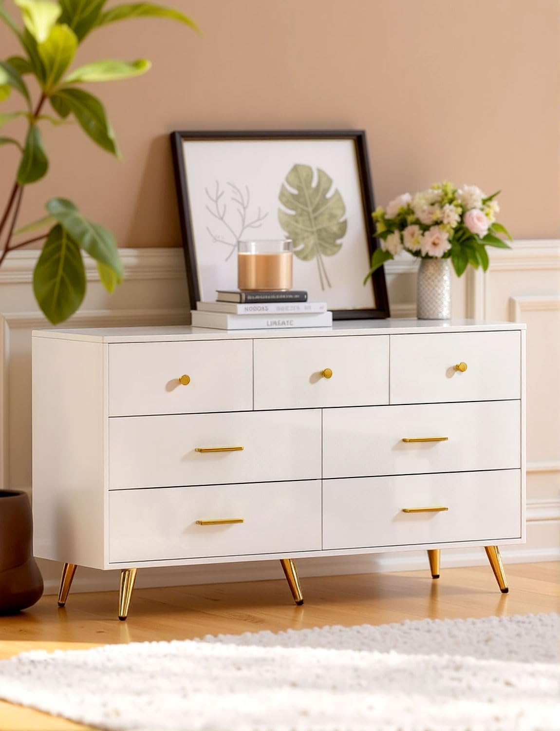 7 Drawer Dresser for Bedroom - White & Gold Chest of Drawers, High Gloss MDF Organizer Storage with Drawers with Golden Handles, Wide Storage Dresser for Bedroom