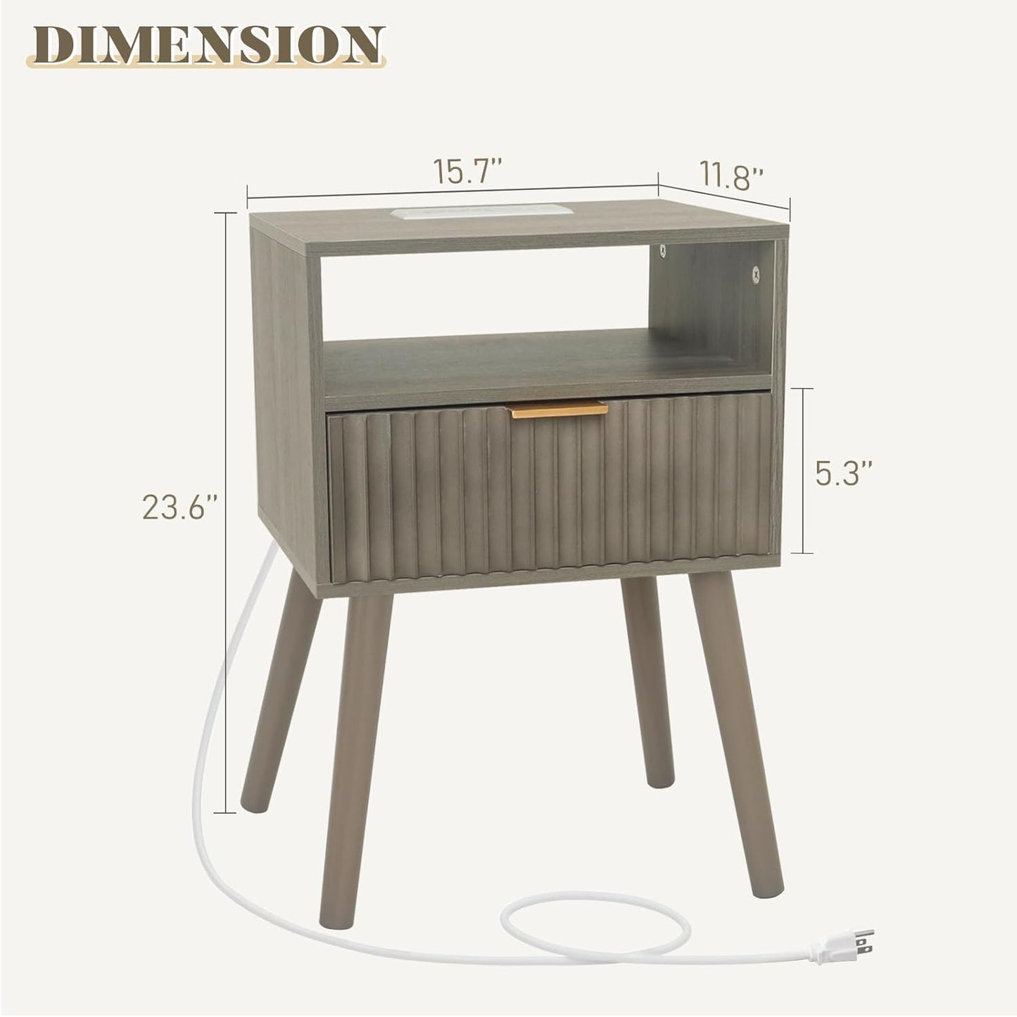 Night Stand with Charging Station, Modern Bedside Table with Drawer and Solid Wood Legs, Fluted Side End Table for Bedroom, Dorm and Small Space (Grey)