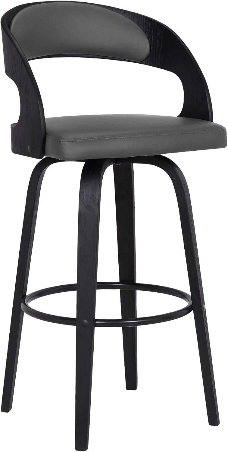 Armen Living Shelly 30" Bar Height Swivel Gray Faux Leather and Black Wood Bar Stool - Set of 3