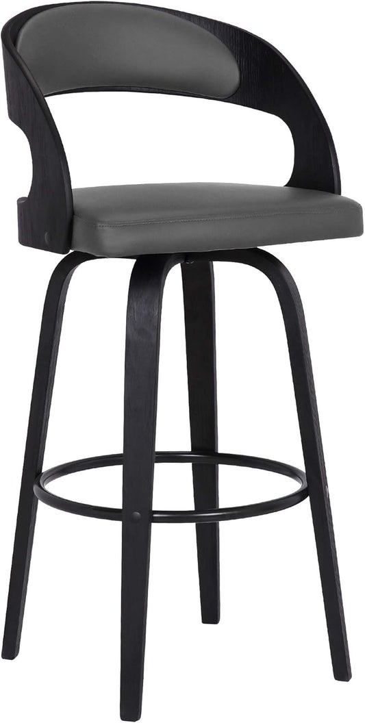 Armen Living Shelly 30" Bar Height Swivel Gray Faux Leather and Black Wood Bar Stool - Set of 3