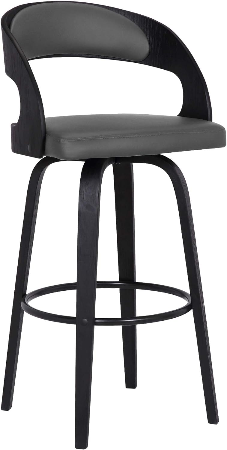 Armen Living Shelly 30" Bar Height Swivel Gray Faux Leather and Black Wood Bar Stool - Set of 4