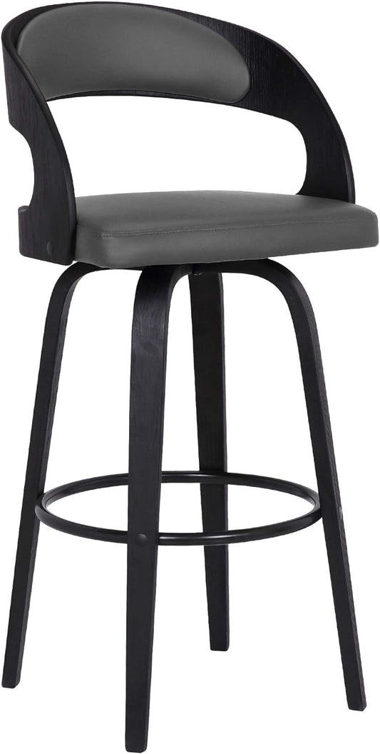 Armen Living Shelly 26" Counter Height Swivel Gray Faux Leather and Black Wood Bar Stool