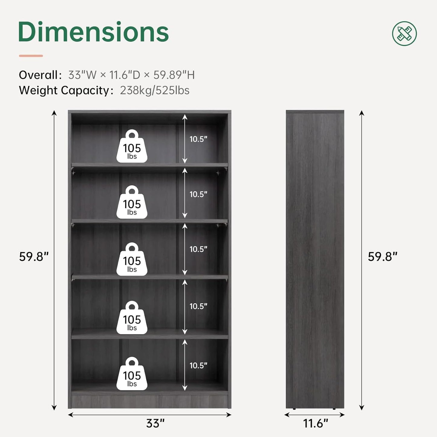 NicBex 59.8“ Heavy Dute Wood Bookcase with Adjustable Shelves, Modern Manga Bookshelf for Living Room, Office, Small Spaces, Manga and Book Shelves Storage, Tip-Over Resistant, 33" Wide Grey