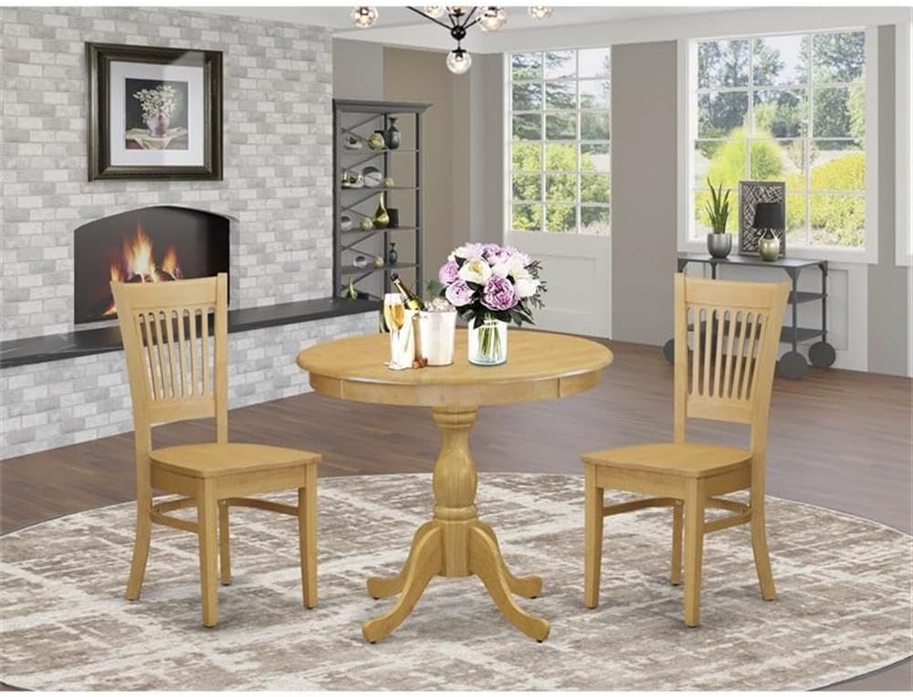 East West Furniture AMVA3-OAK-W 3 Piece Modern Dining Table Set Contains a Round Kitchen Table with Pedestal and 2 Dining Chairs, 36x36 Inch, Oak