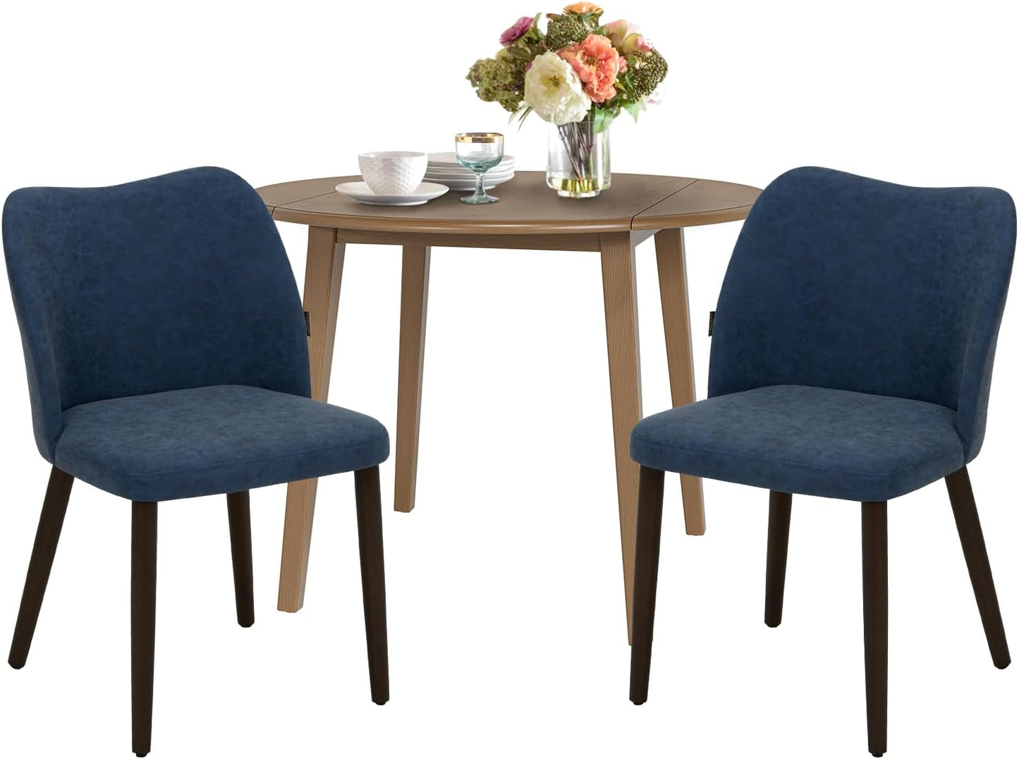 COLAMY 3-Piece Extendable Dining Table Set for 2, 36" Kitchen Round Wood Table with 2 Wooden Dining Room Chairs,Light Brown/Blue